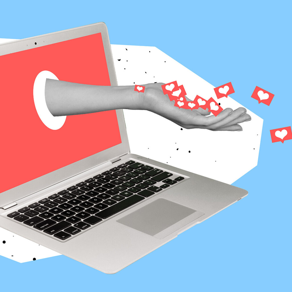 Illustration of hand emerging from laptop screen holding message bubbles with hearts