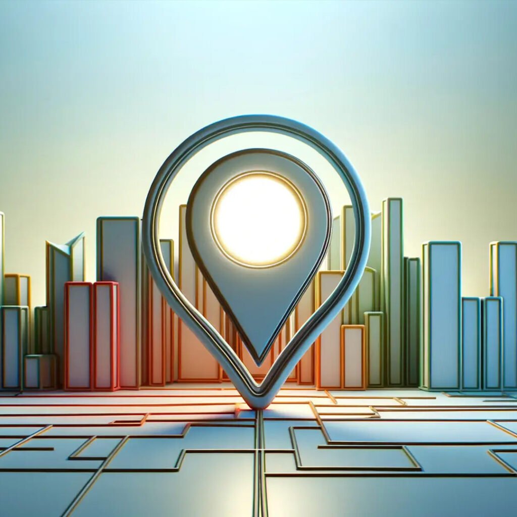 3D Illustration of glowing location pin on map in front of city skyline.