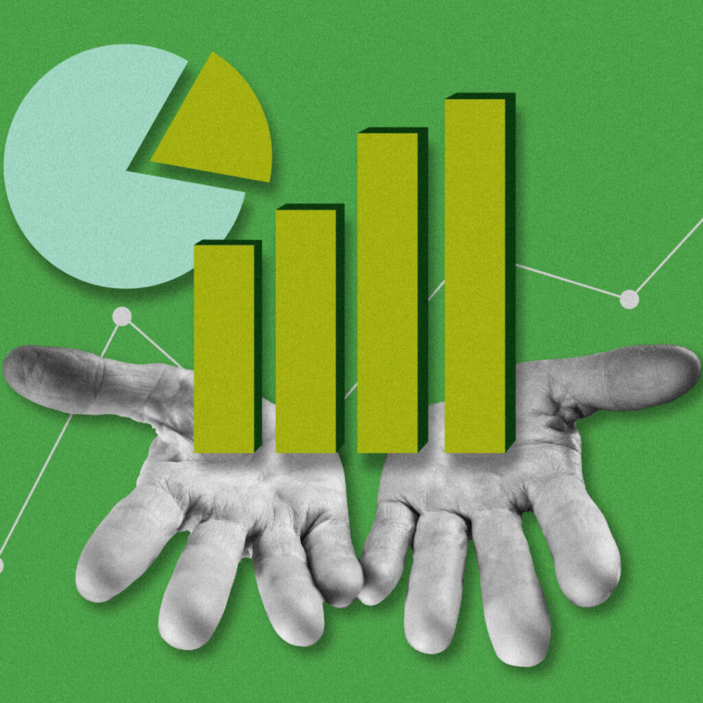 Illustration of hands holding a bar graph and pie chart.