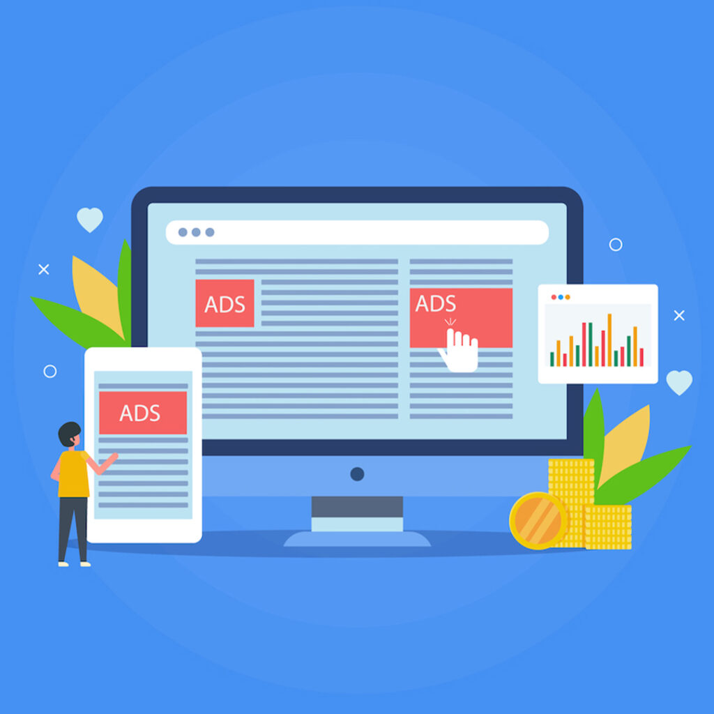 Illustration of multiple screens with content and ads on them and a small person touching the phone screen