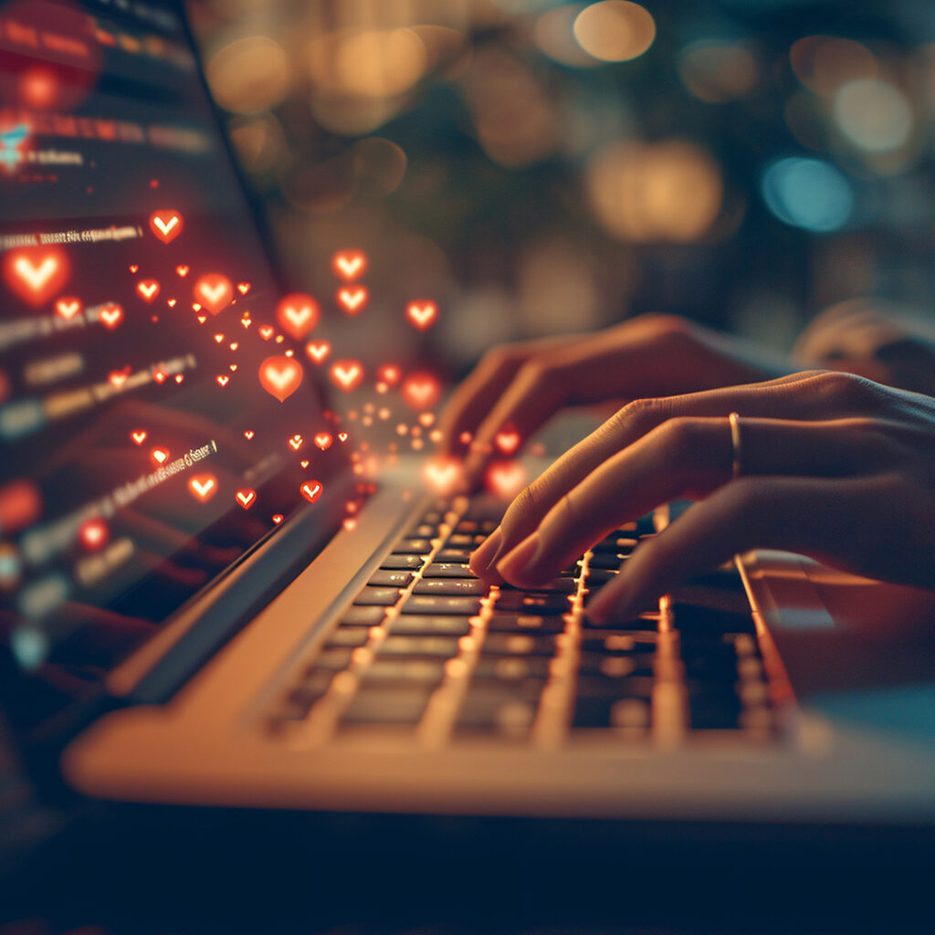 Image of hands typing on a laptop keyboard with glowing hearts emanating from the hands