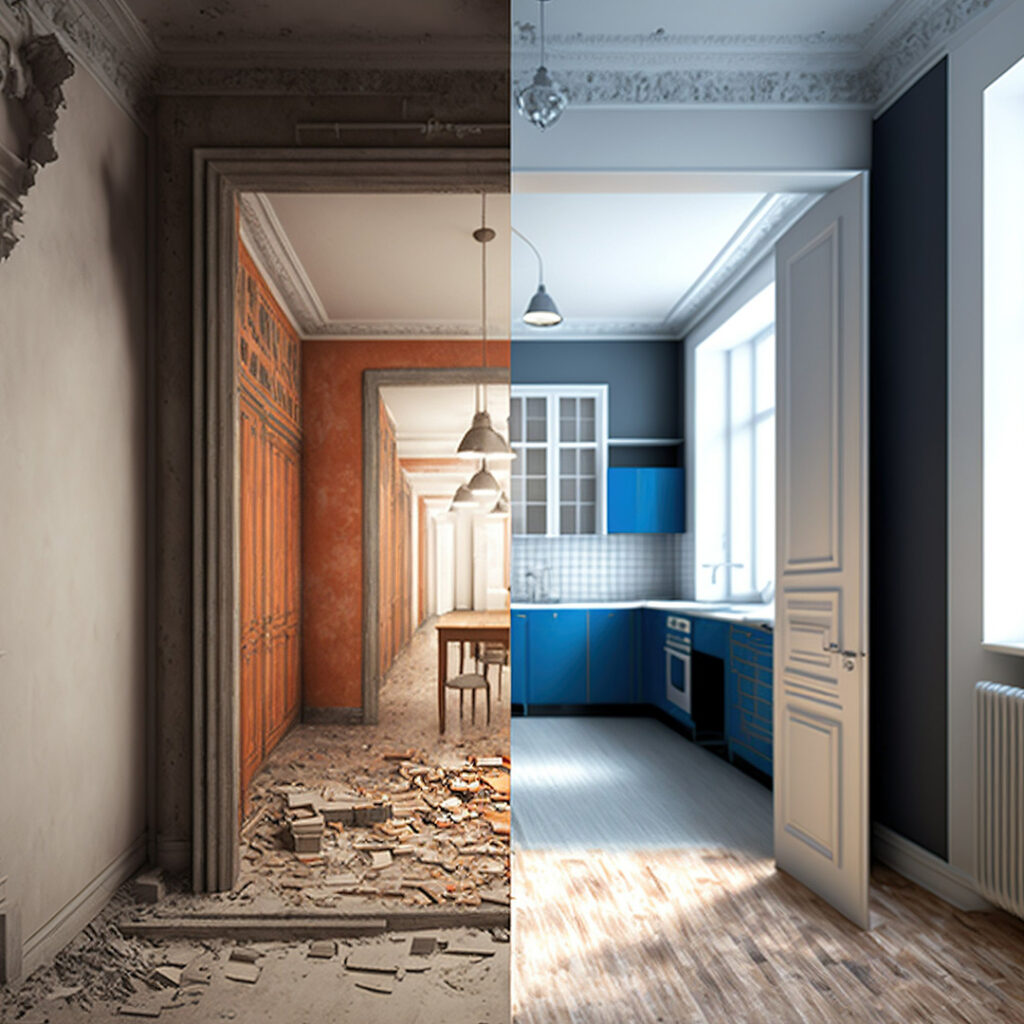 Split image of home interior before and after renovation.